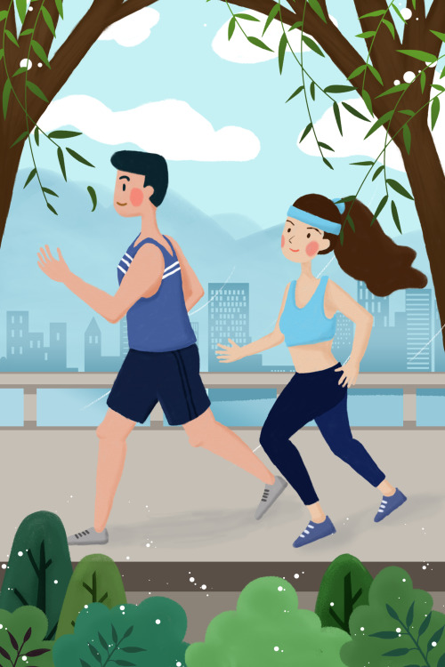 春季跑步健身男女豎版插畫