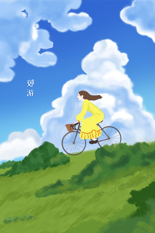 春日郊游自行车的女孩竖版插画