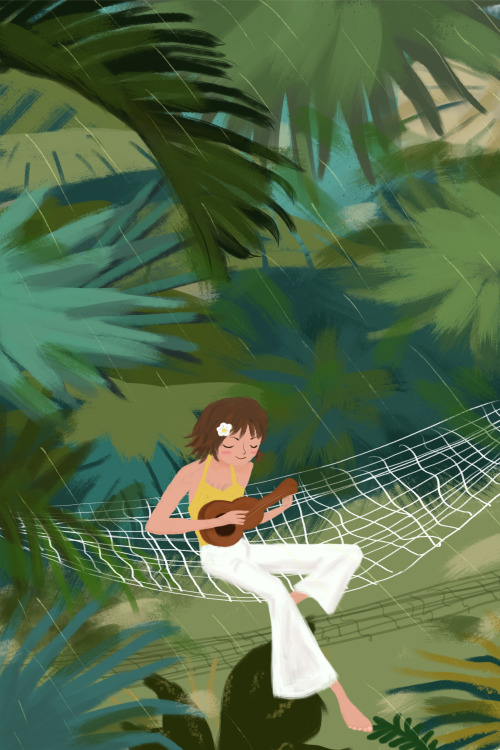 森林里弹吉他的女孩竖版插画