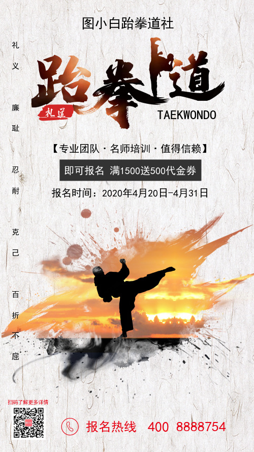 简约风跆拳道武术培训招生宣传手机海报