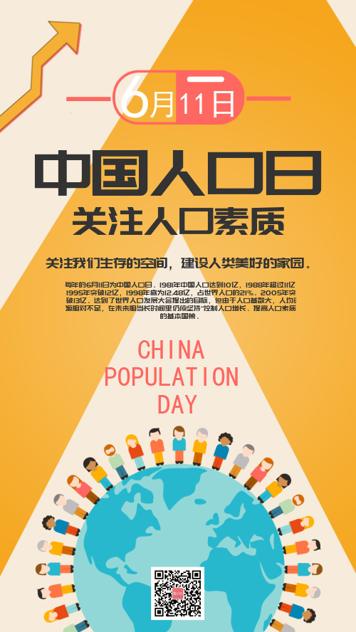 中国人口日卡通风手机海报