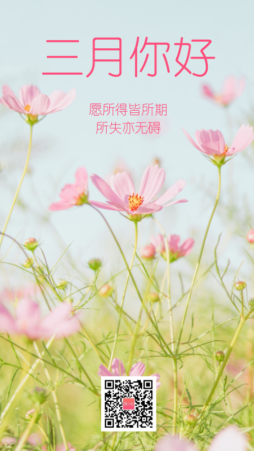 粉色清新文艺三月你好摄影图海报